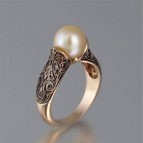 Vintage Faux Pearl Ring Hollow Rose Gold Plated - Picture 2 of 4